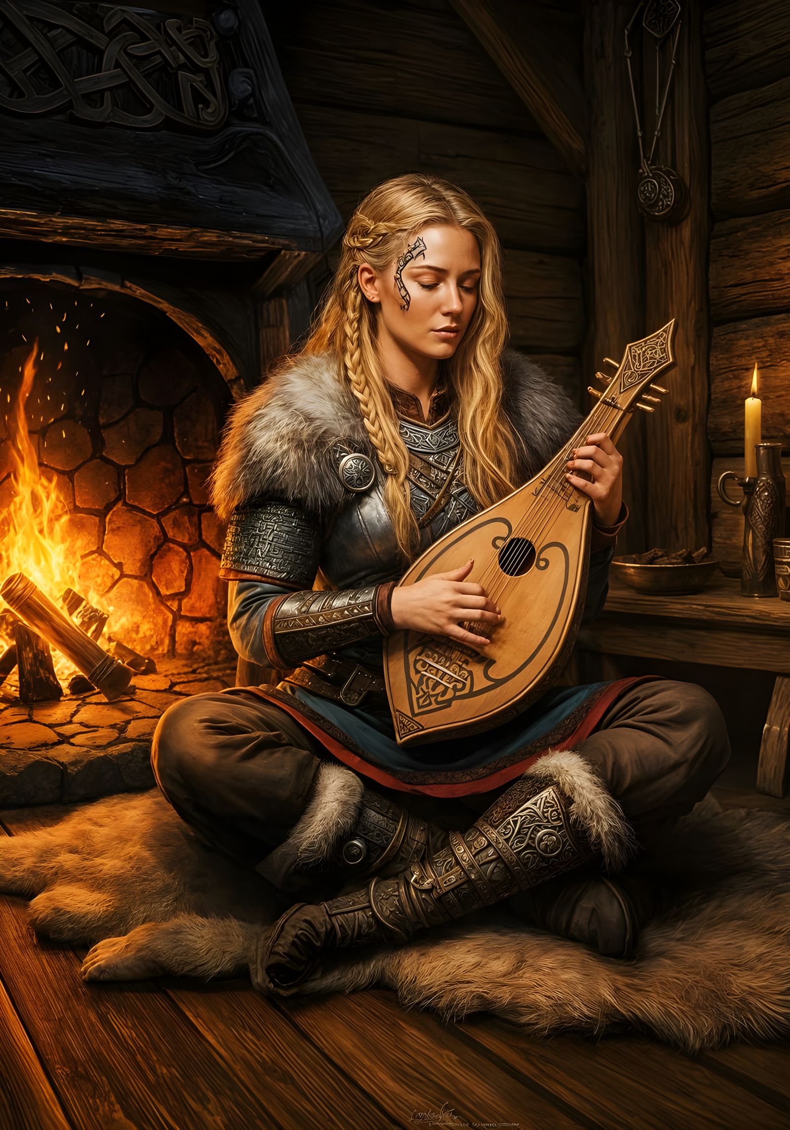 Norse Skald Bard in a Cozy Longhouse Scene