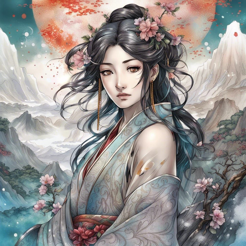 Japanese Goddess Portrait in Manga Style