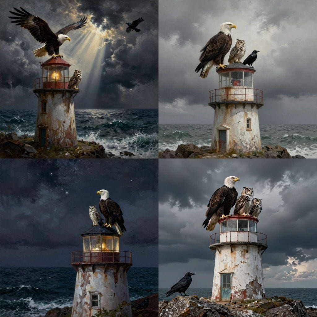 Birds of Wisdom Ponder Existence Atop a Dying Lighthouse