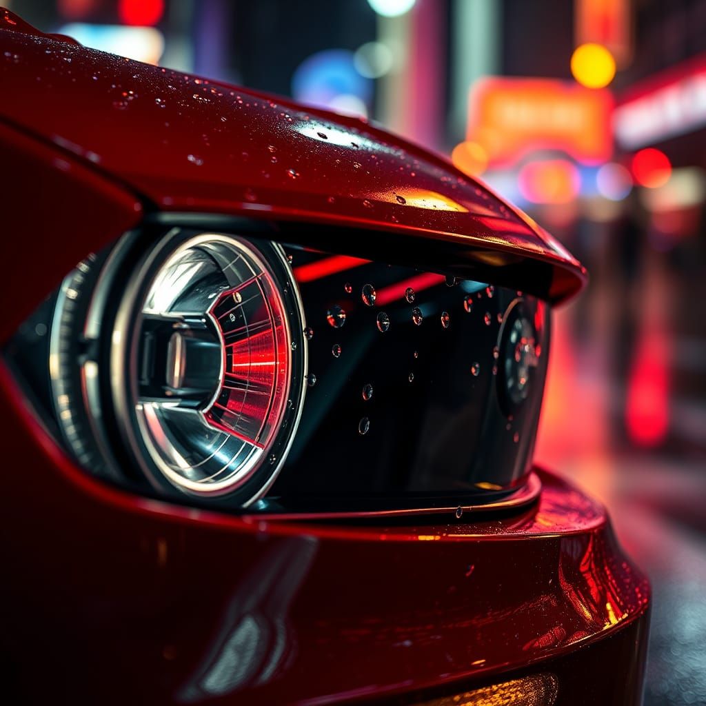 Mustang Headlamps Reflecting Neon City Lights