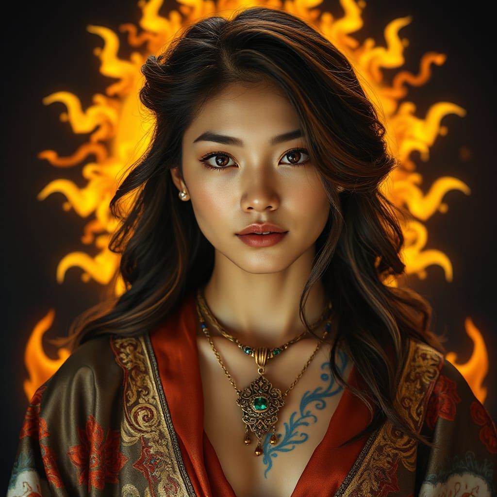 Kazakh Woman with Fiery Aura Portrait