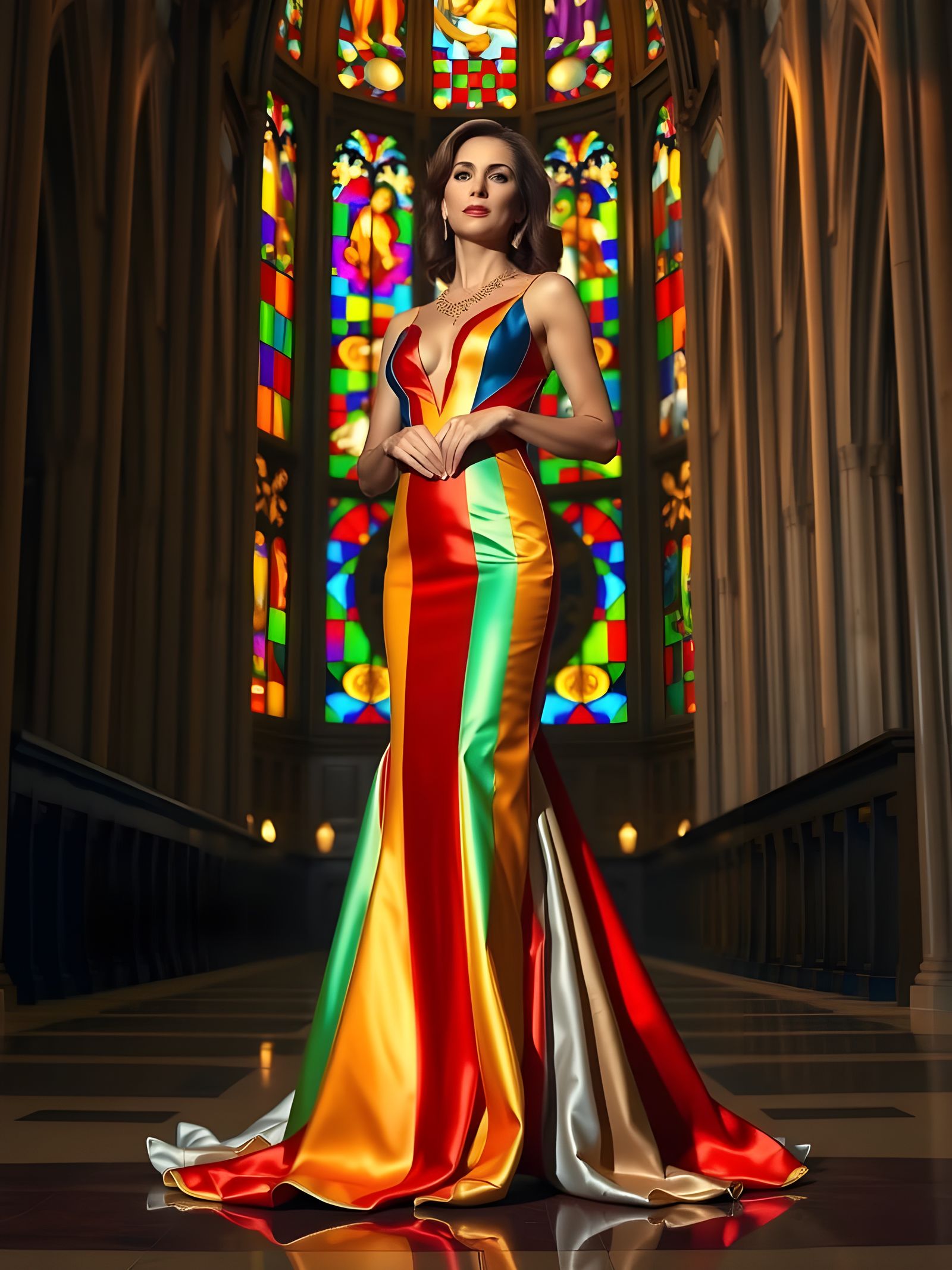 Elegant Stained Glass Evening Gown in a Cathedral Setting