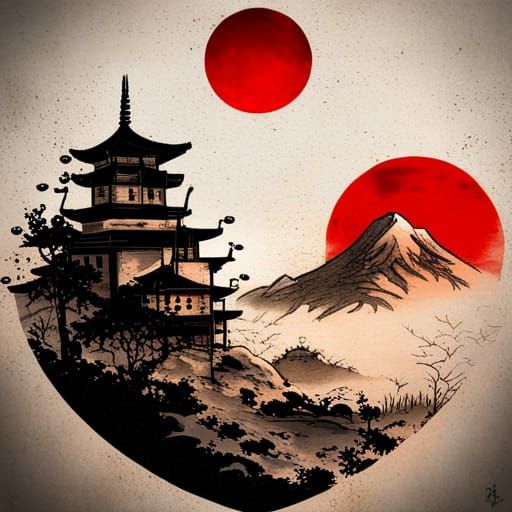 Heart shaped logo Japanese ink painting, muted colors, including Dark black highlights to draw attention , rice paper te...