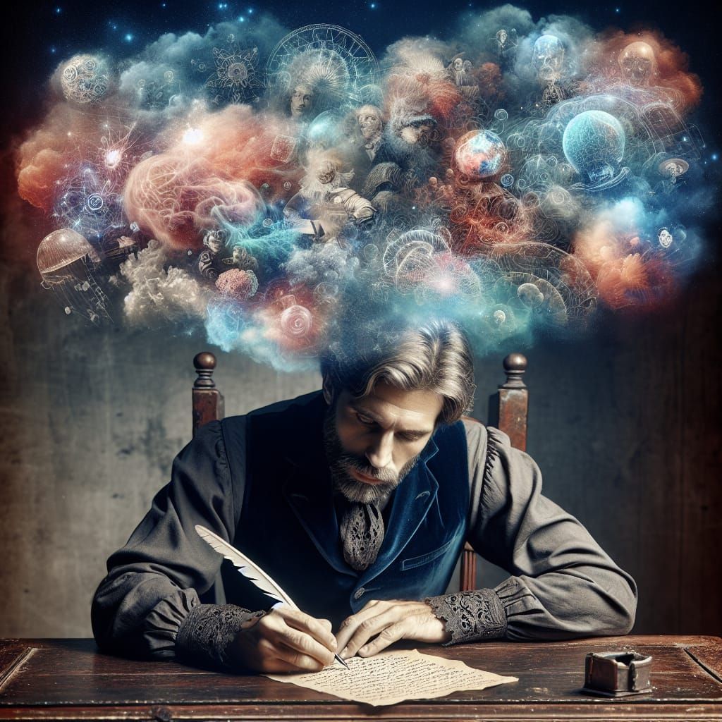 Man at Desk with Cloud of Thoughts