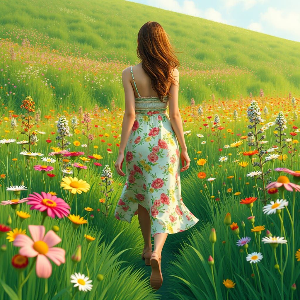 Whimsical Summer Goddess in a Lush Floral Meadow