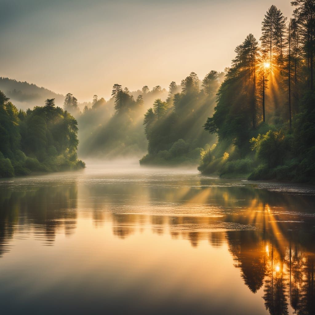 River Flows Through Forest in Golden Hour Light