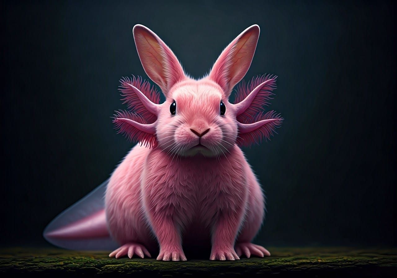 Chimeric Rabbit Axolotl with Pink Fur and Frilled Gills