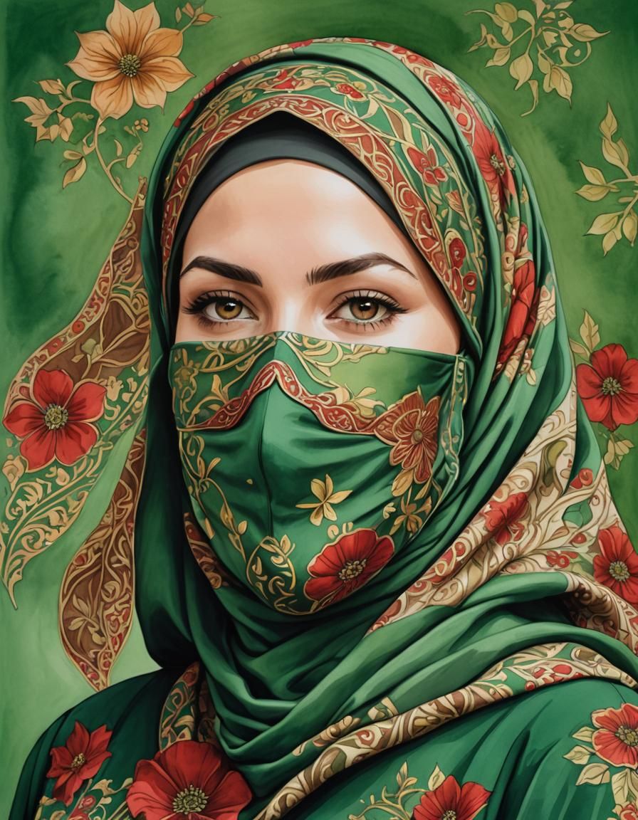 Pop Art Portrait of Hijabi Woman with Facemask