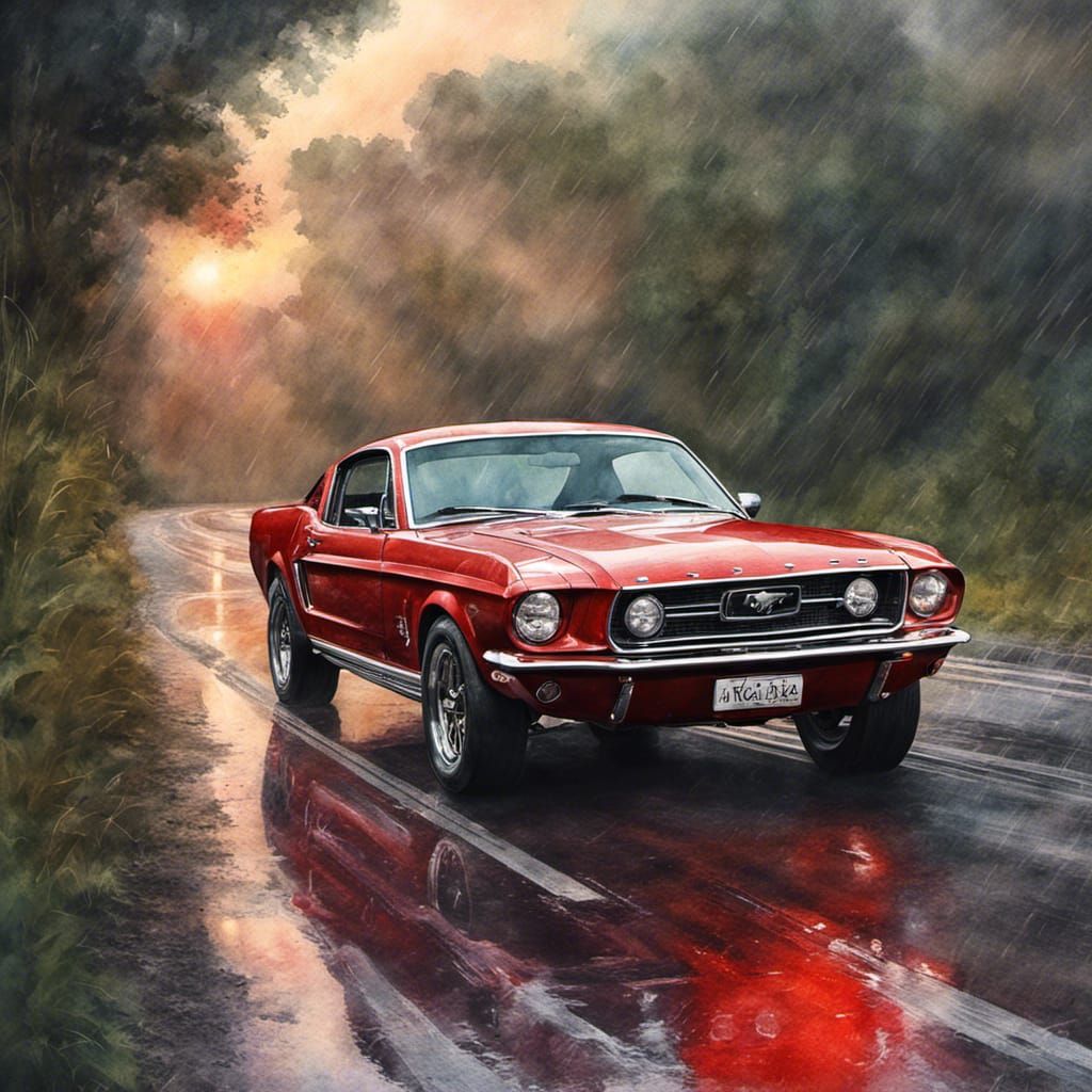 Red Ford Mustang in Rainy Jungle: Watercolor Painting