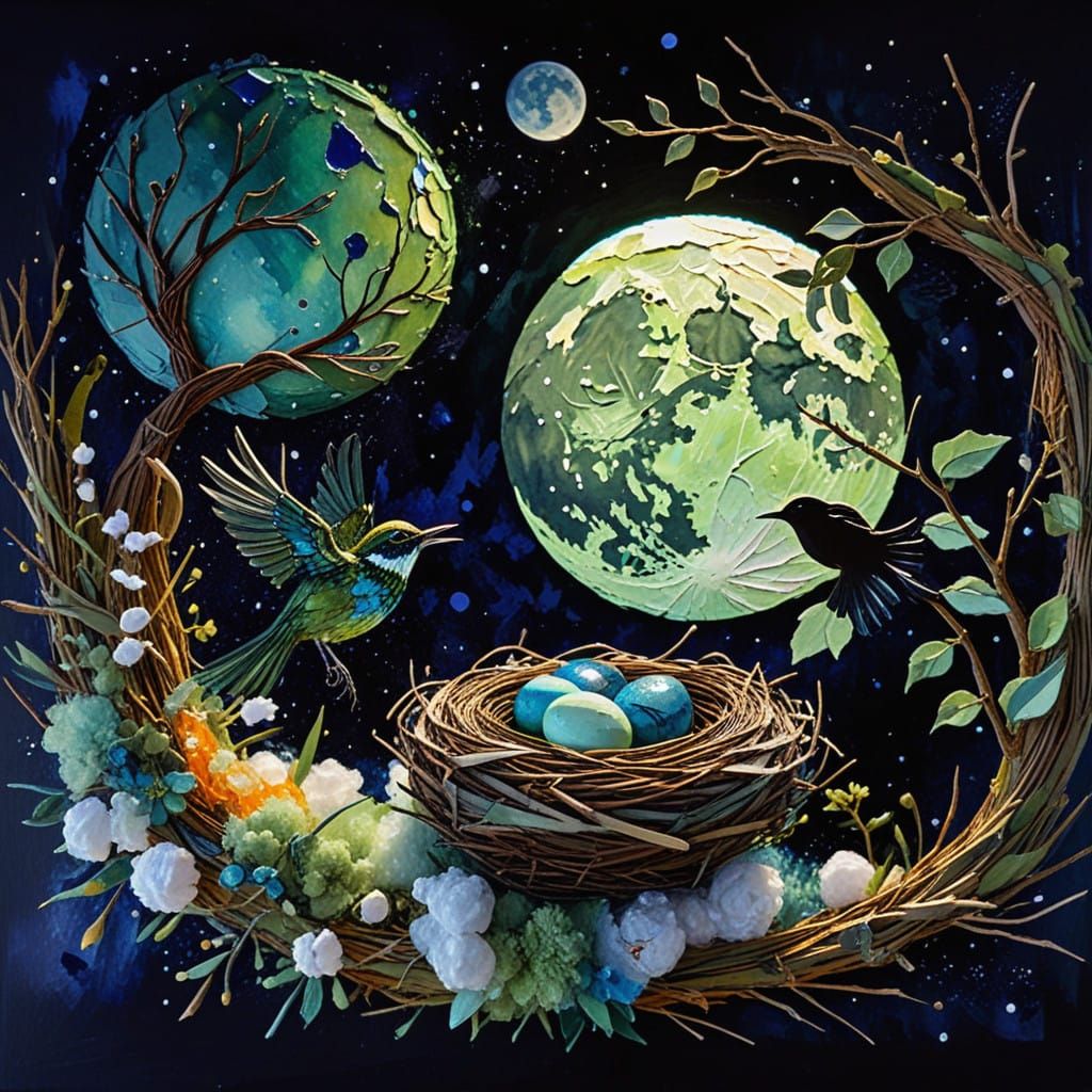 Surreal Nighttime Scene with Emerging Bird, Impasto Colors