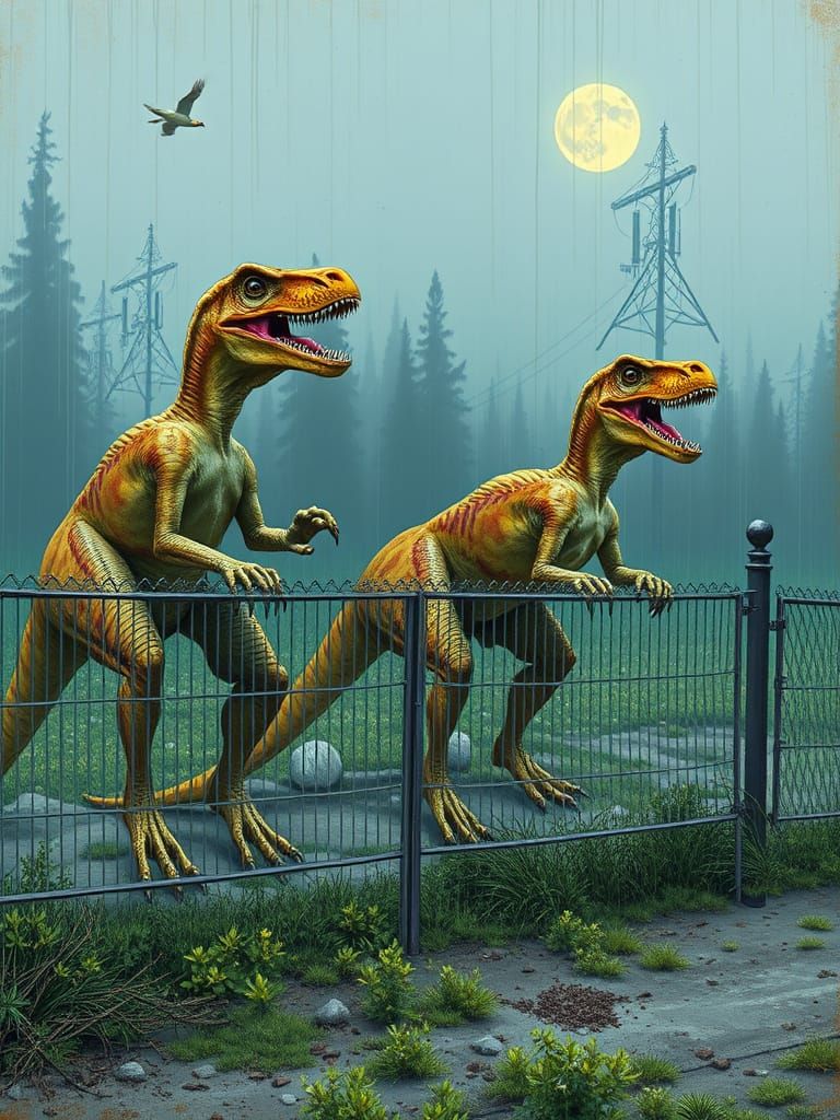 Velociraptors Testing Fences: Dystopian Drip Painting