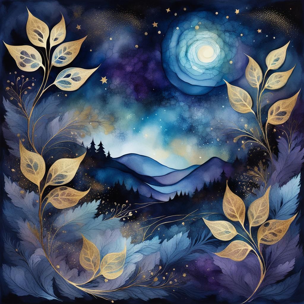 Ethereal Abstract Landscape with Swirling Leaves