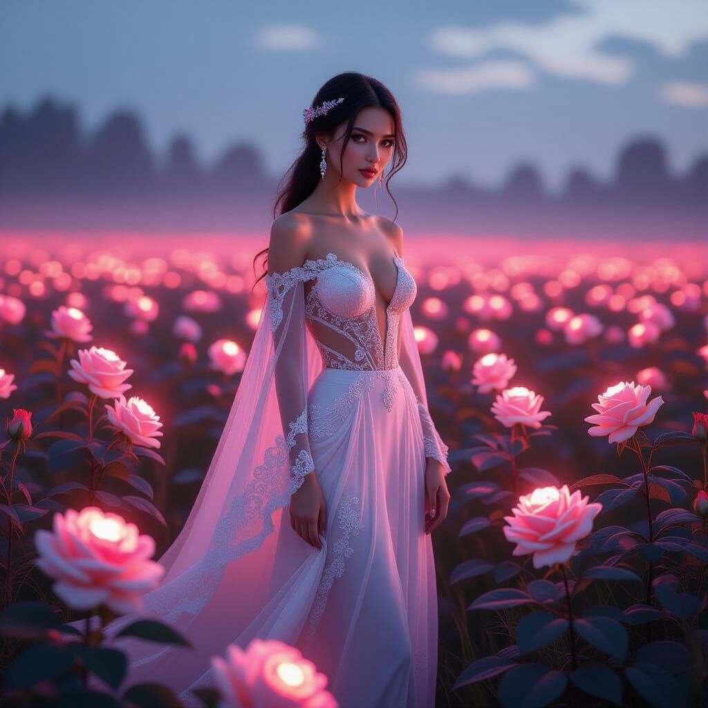 Refined Woman in Embroidered Attire Amidst Luminous Roses
