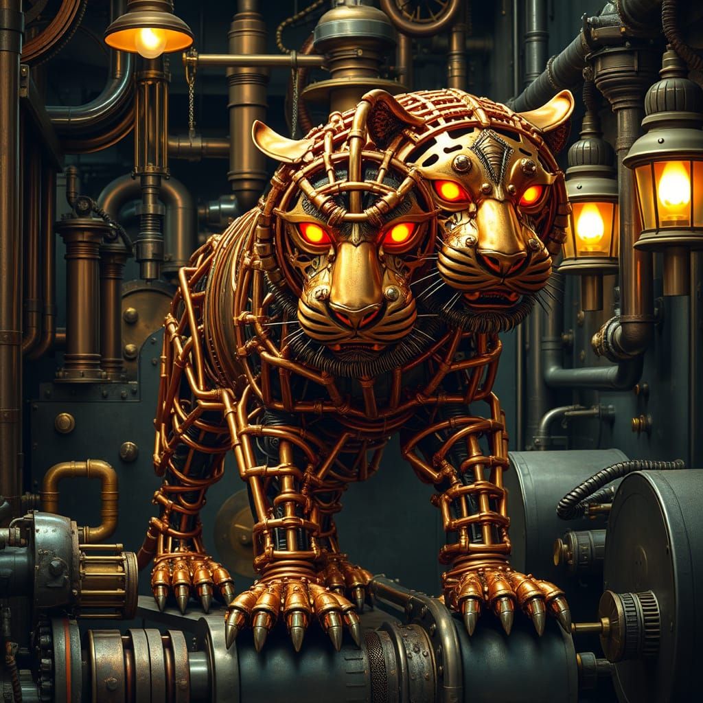 Industrial Metal Tiger Amidst Vintage Ship Engine Room