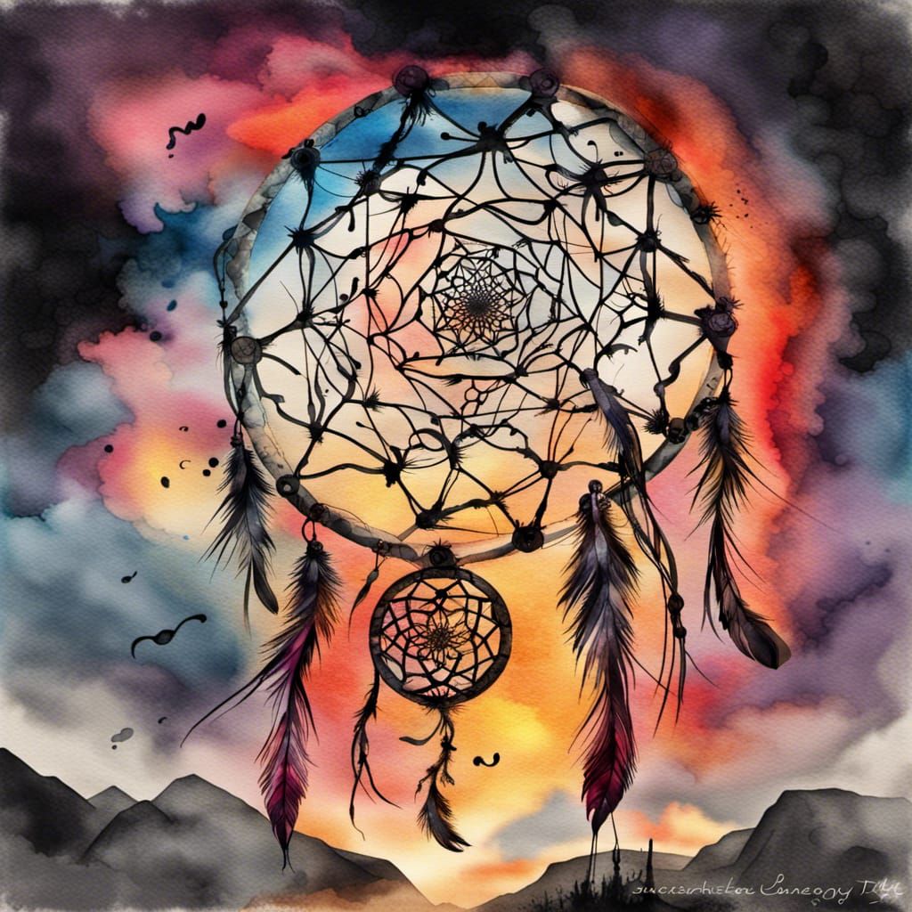 Desert Dreamcatcher at Sunset in Watercolor Style