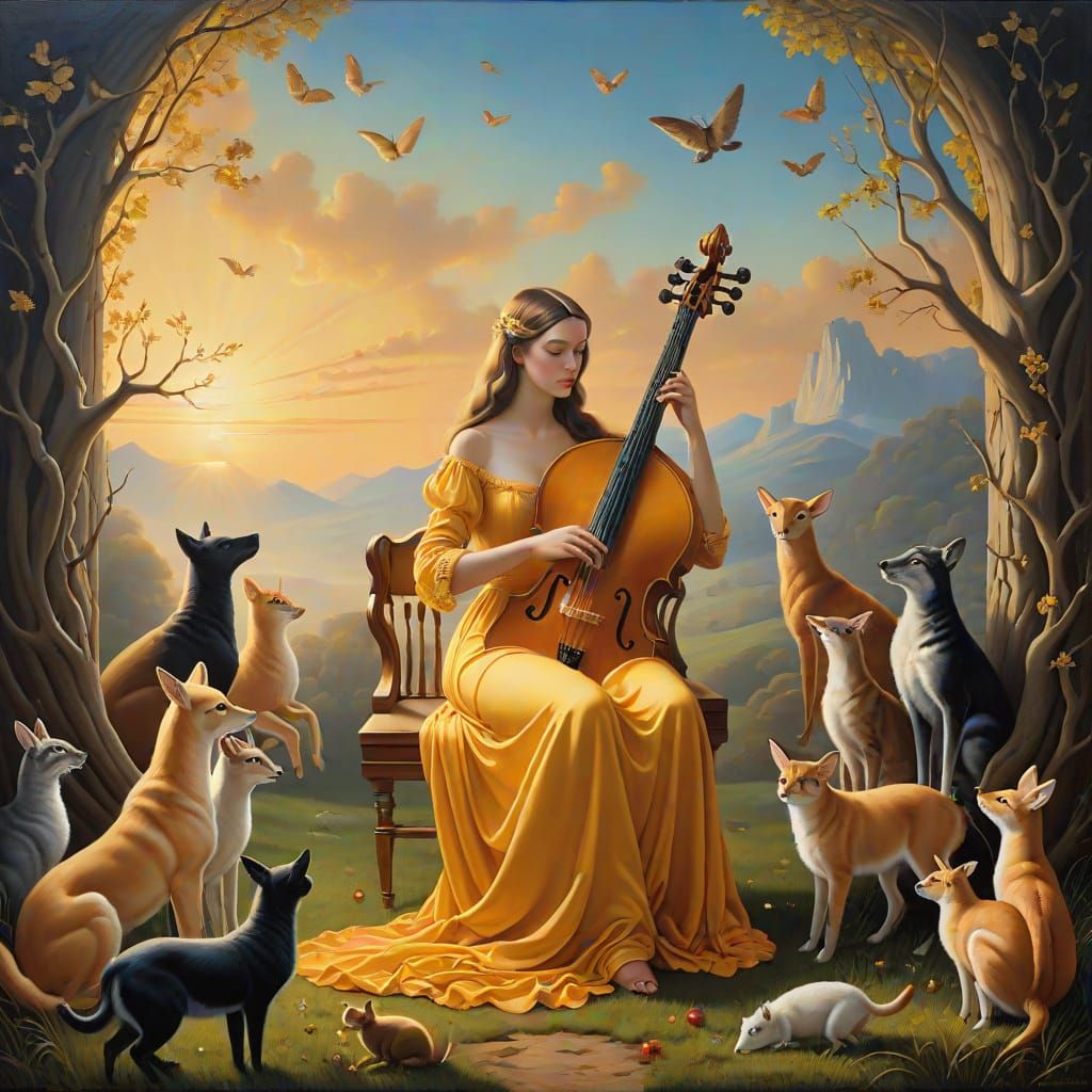 Surreal Oil Painting of a Lyre Player Surrounded by Animals ...