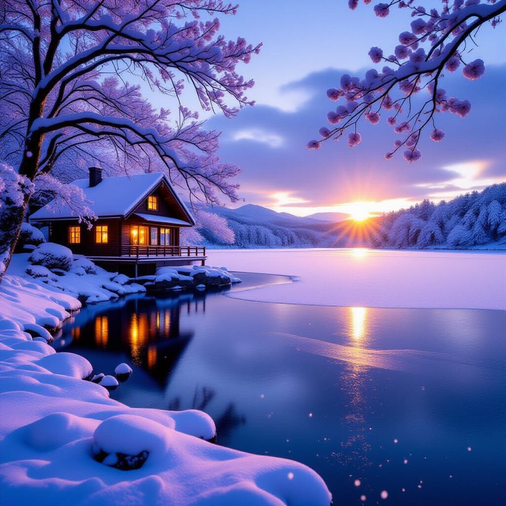 Frozen Lake Cabin at Dusk with Japanese Plum Blossoms