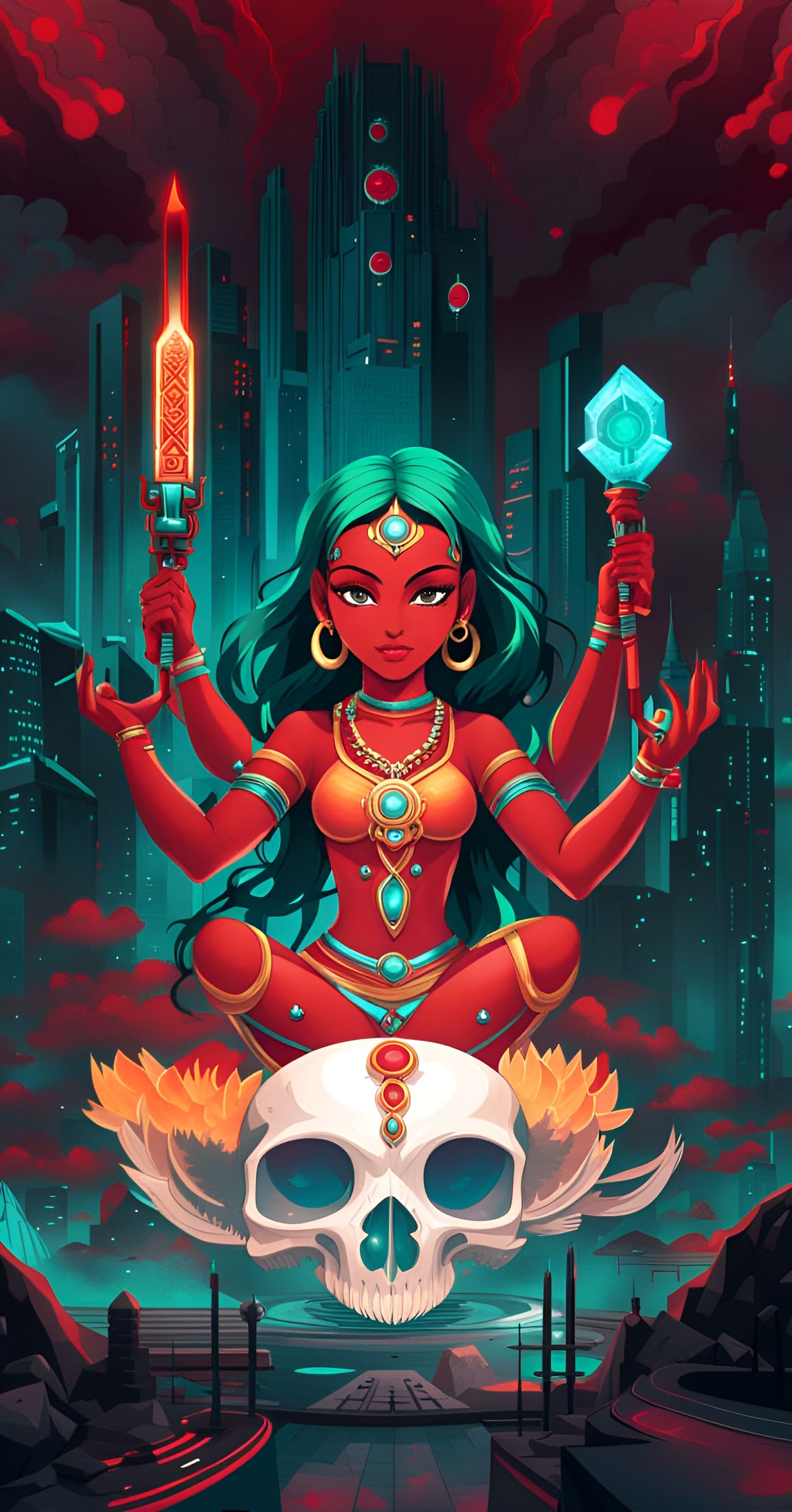 Anime Hindu Goddess Floating Over Futuristic City
