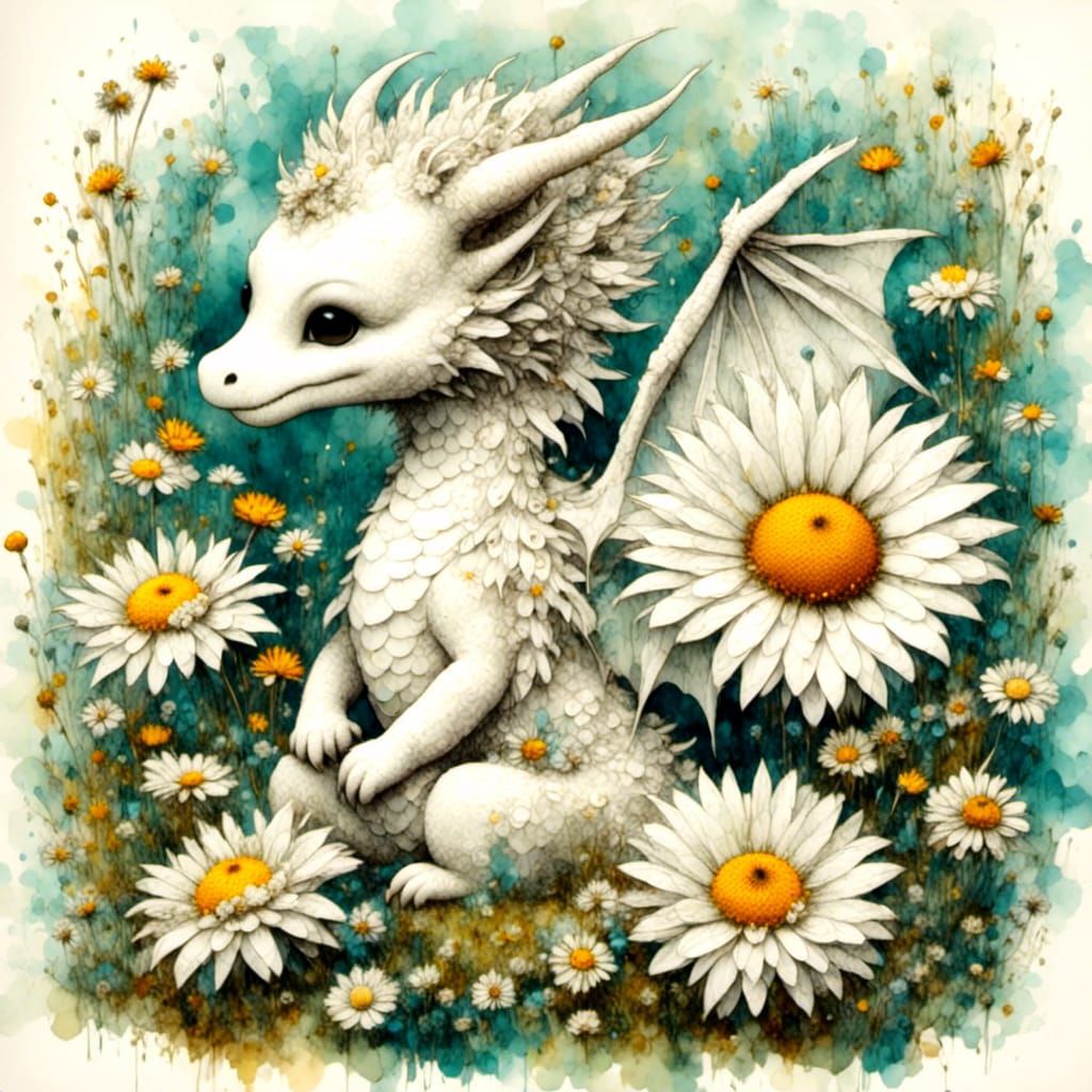 Chibi Dragon on Daisy in Magical Forest
