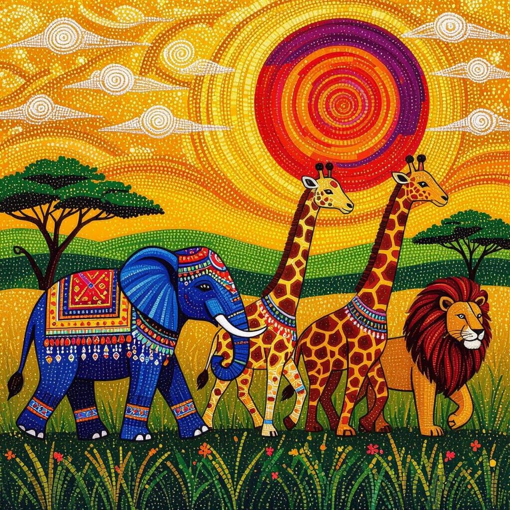 Beaded Safari Parade in Folk Art Style