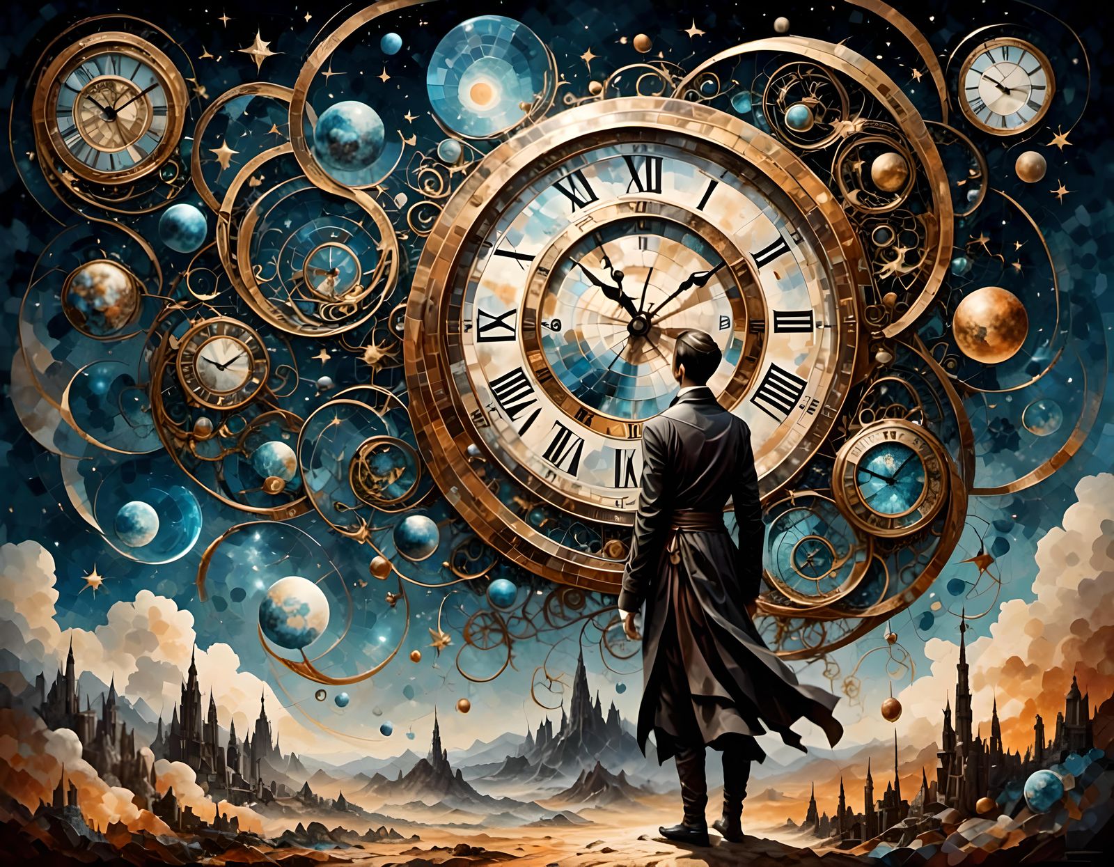 Cosmic Time Traveler in Watercolor Dreamscape