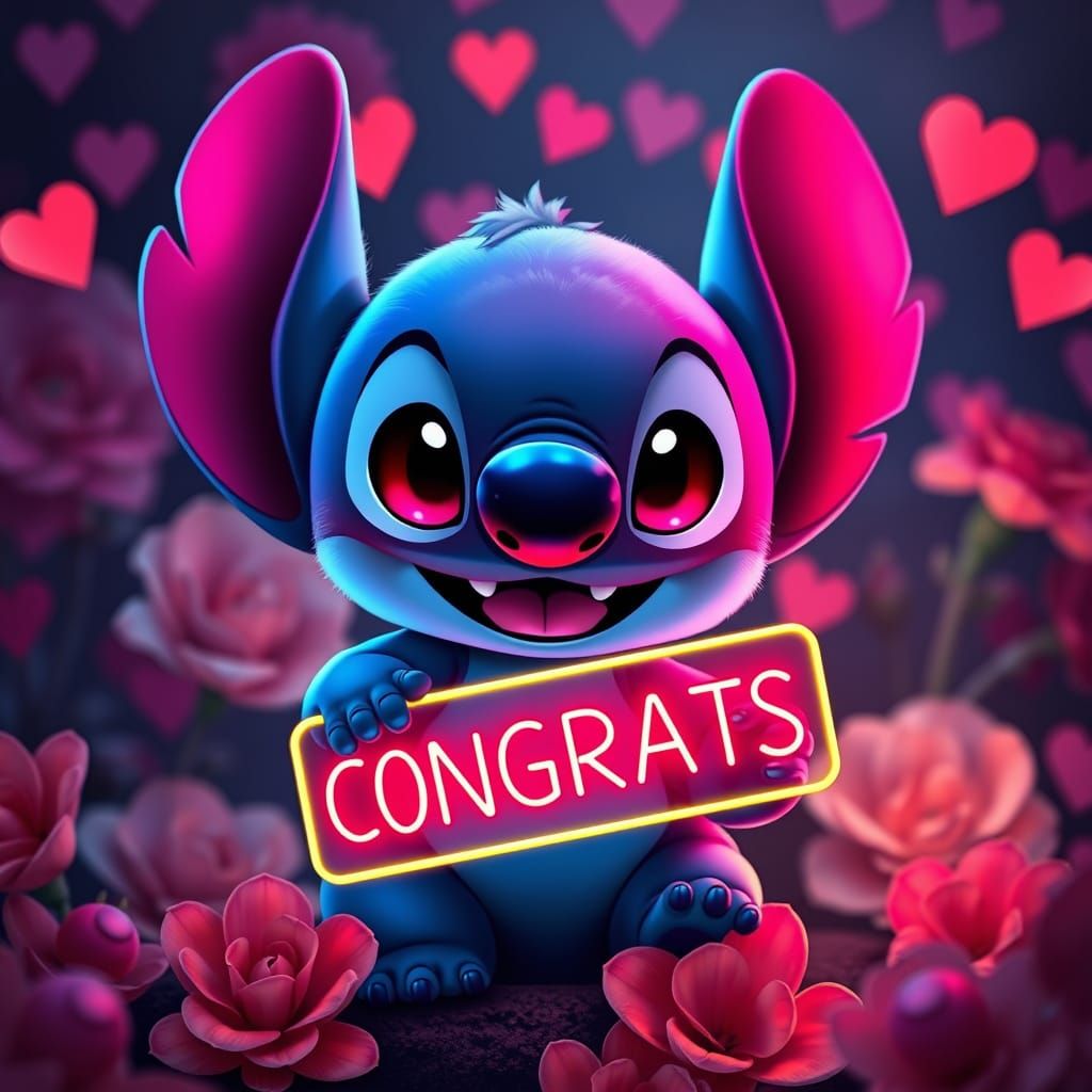 A 3D render of a chibi-style baby Stitch holding a bright neon sign with the text "CONGRATS". The adorable creature has ...