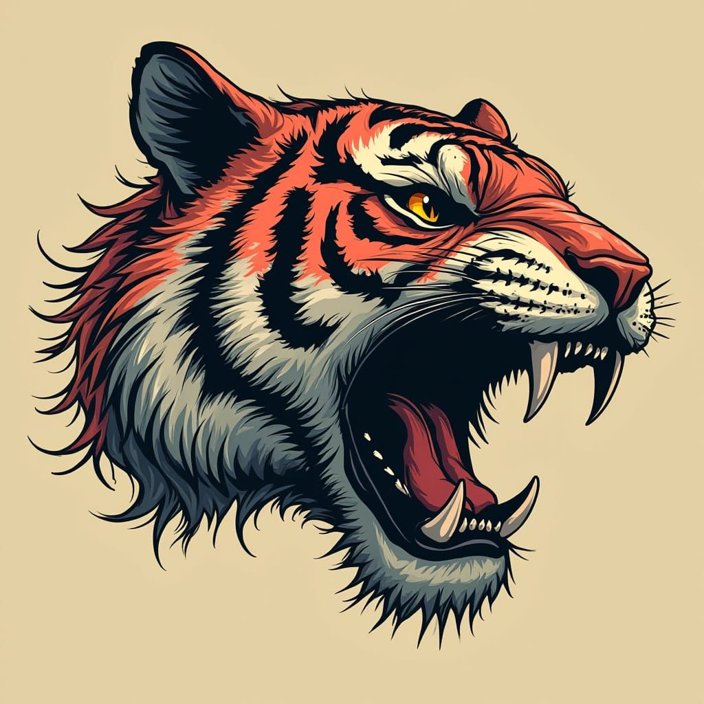 Fierce Tiger Head in Dark, Graphic Linework