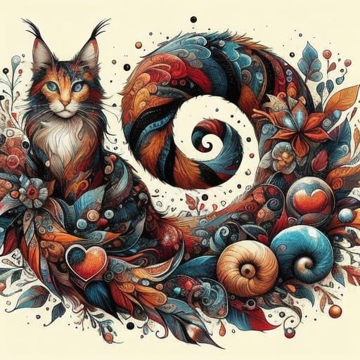 Surreal Ink Sketch of a Serpentine Cat in Vibrant Colors