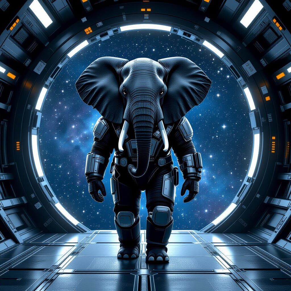 Elephant Astronaut Navigates a Starry Spaceship