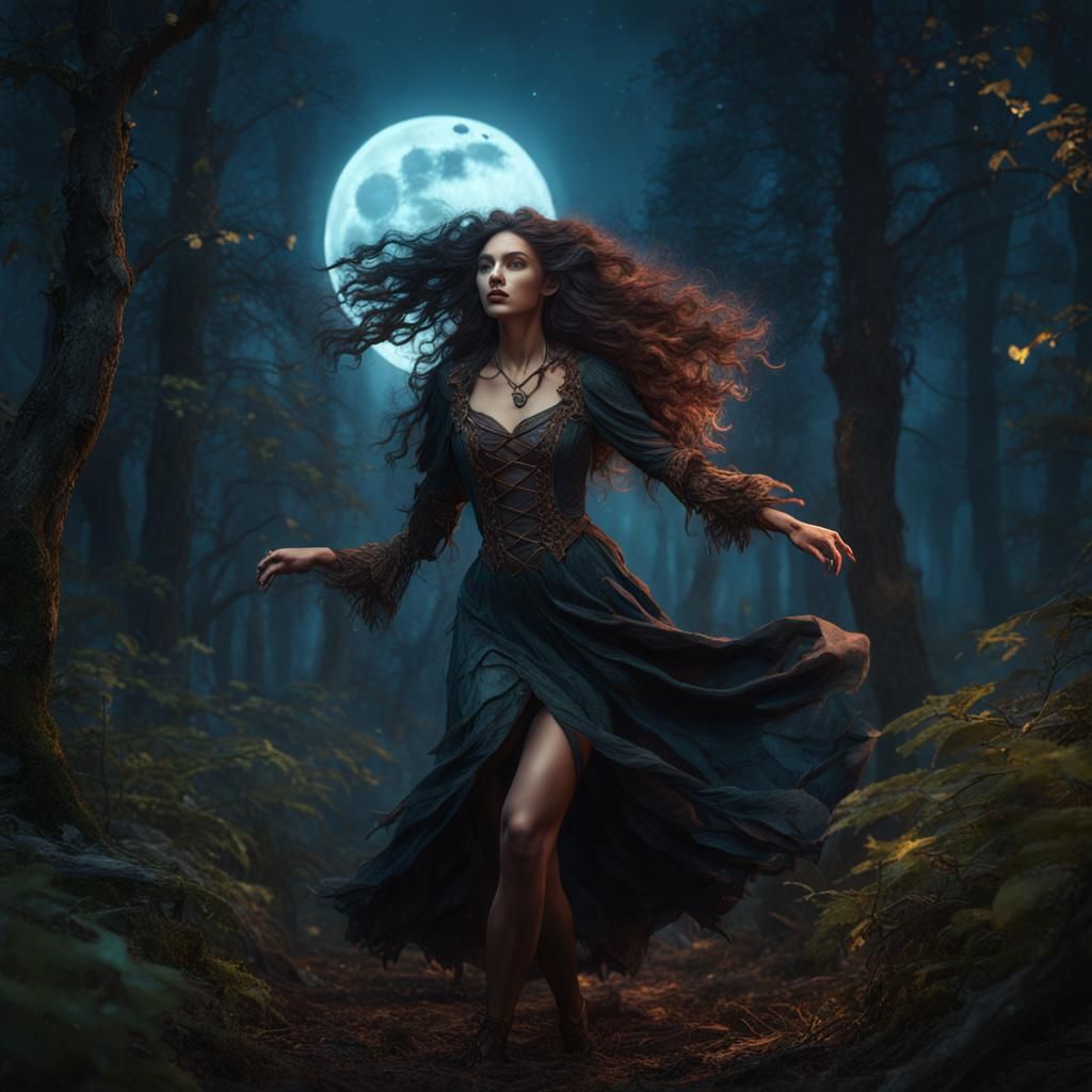 Nature Witch Dancing Under the Moon, Fantasy Art
