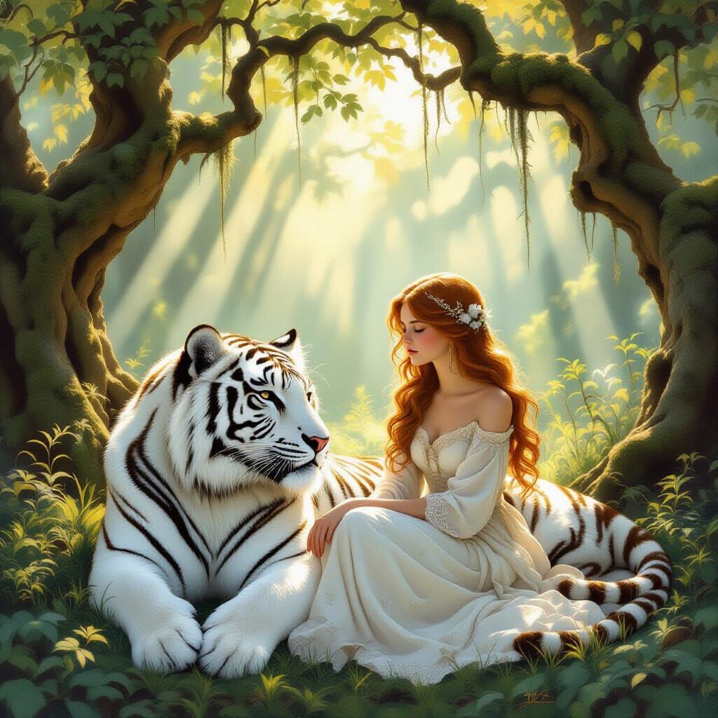 Jugenstil Girl and White Tiger in Tranquil Glade