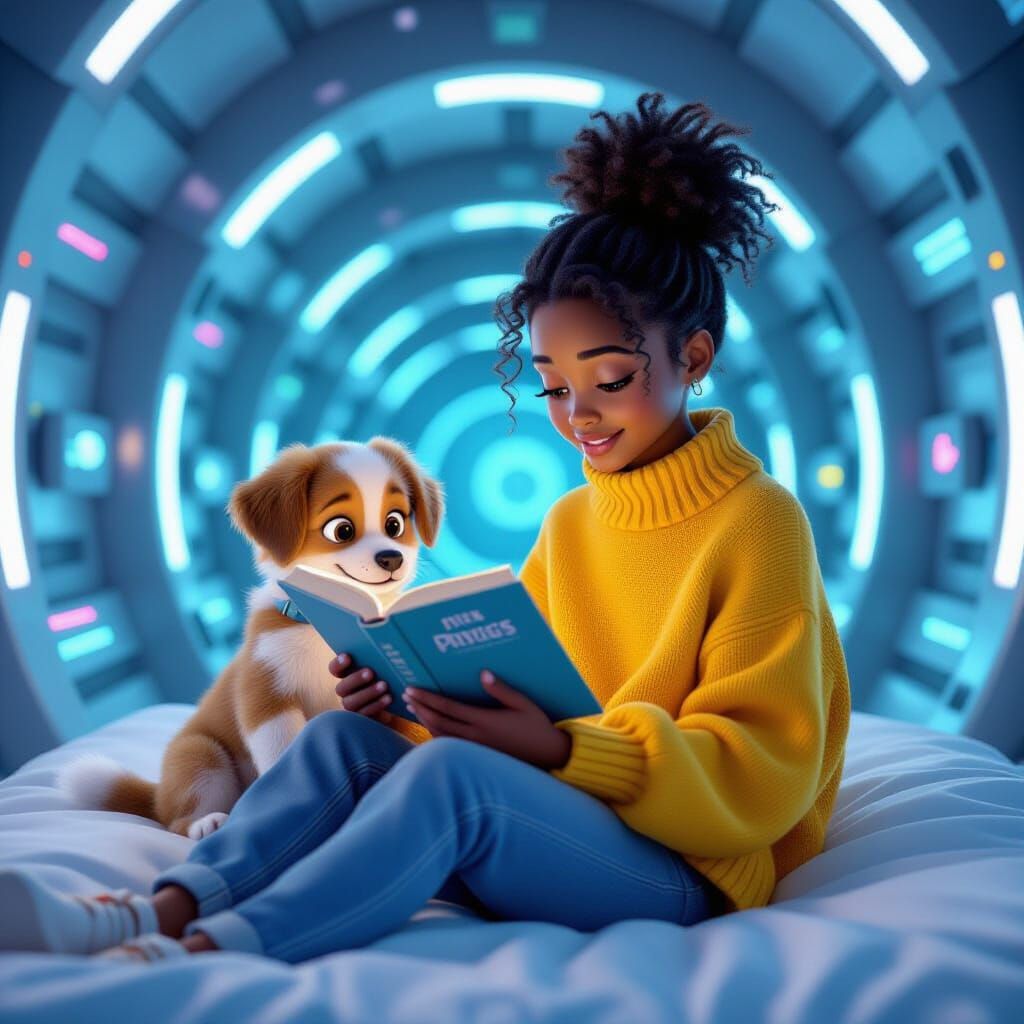 Girl Reading with Puppy in Futuristic Dorm