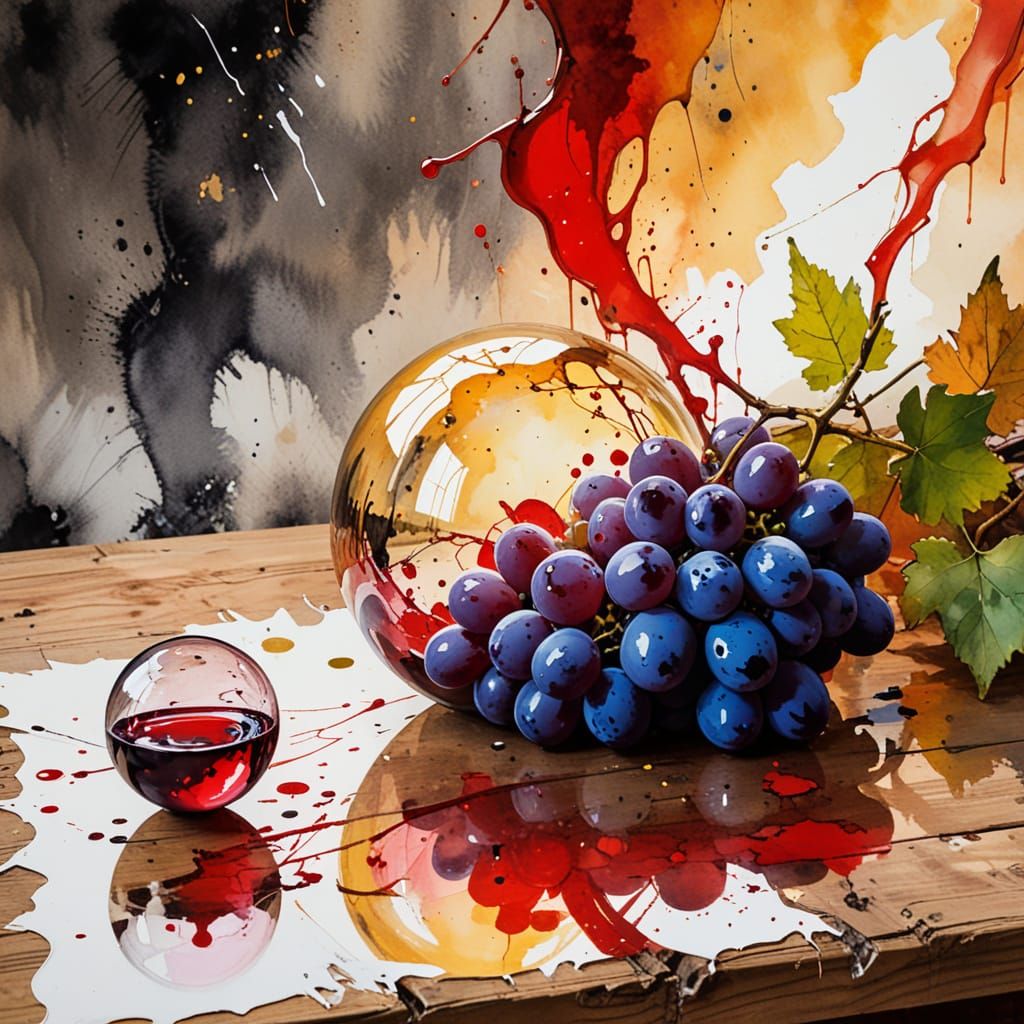 Bold Abstract Still Life with Grapes and Ink Splatters in Go...