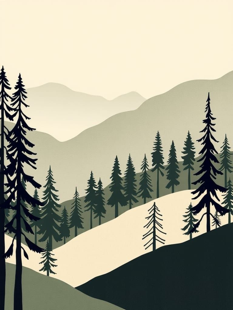 Minimalist Line Art Landscape in Watercolor Style