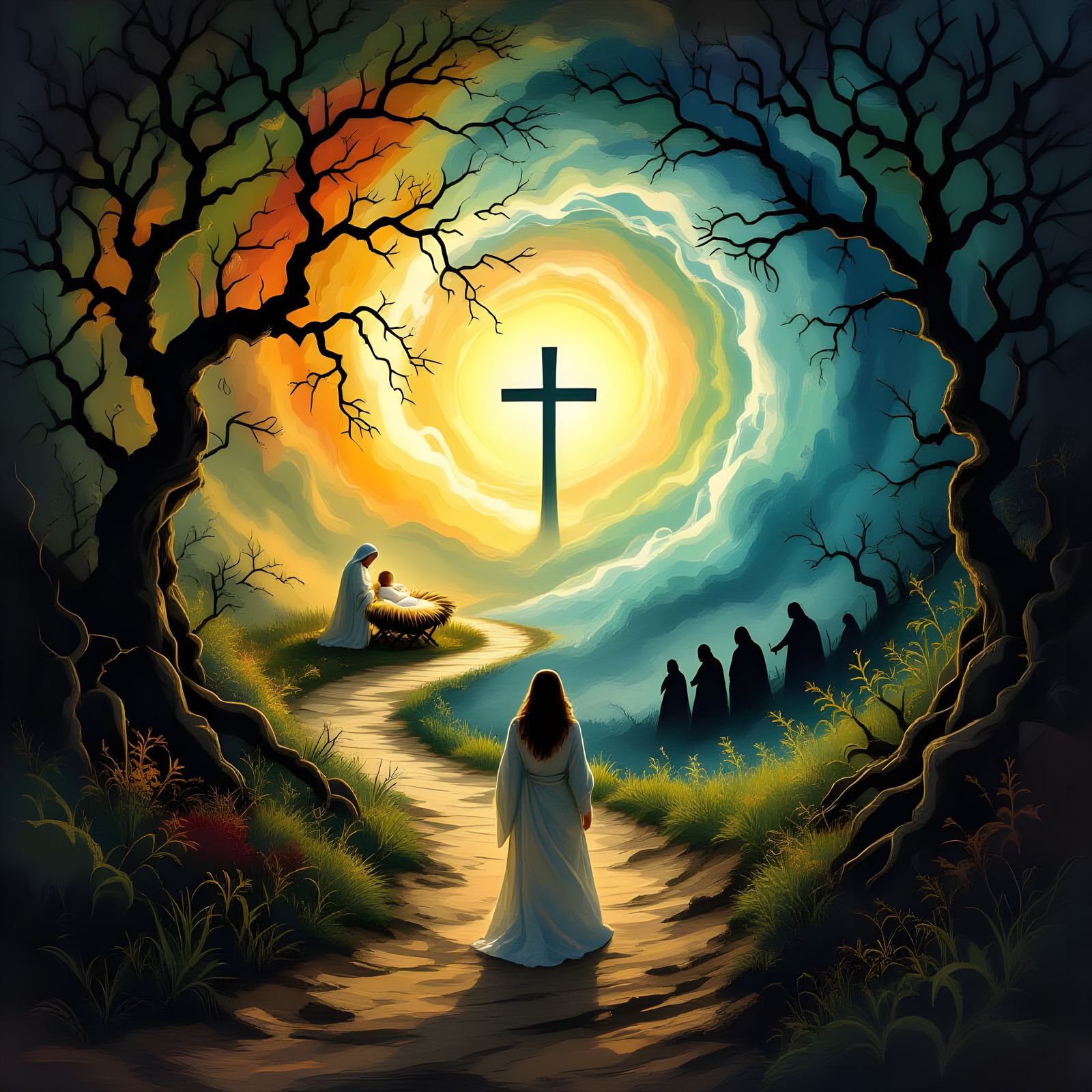 Spiritual Path Choice: Light vs. Darkness with Manger Scene