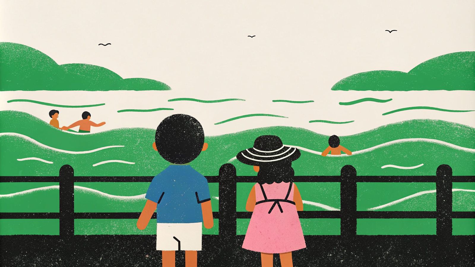 Serene Beach Scene with Children and Pier in Oil Painting