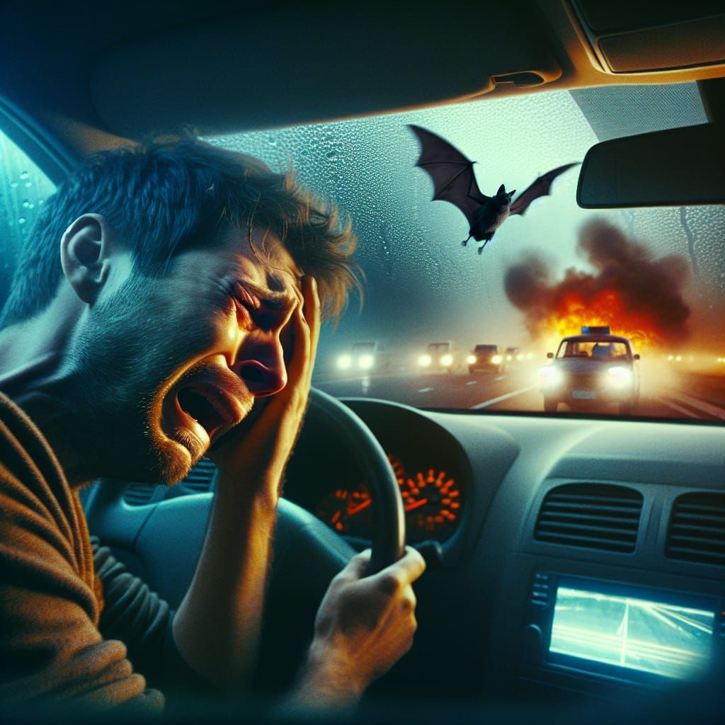 Man Sobbing in Car Amidst Nighttime Chaos
