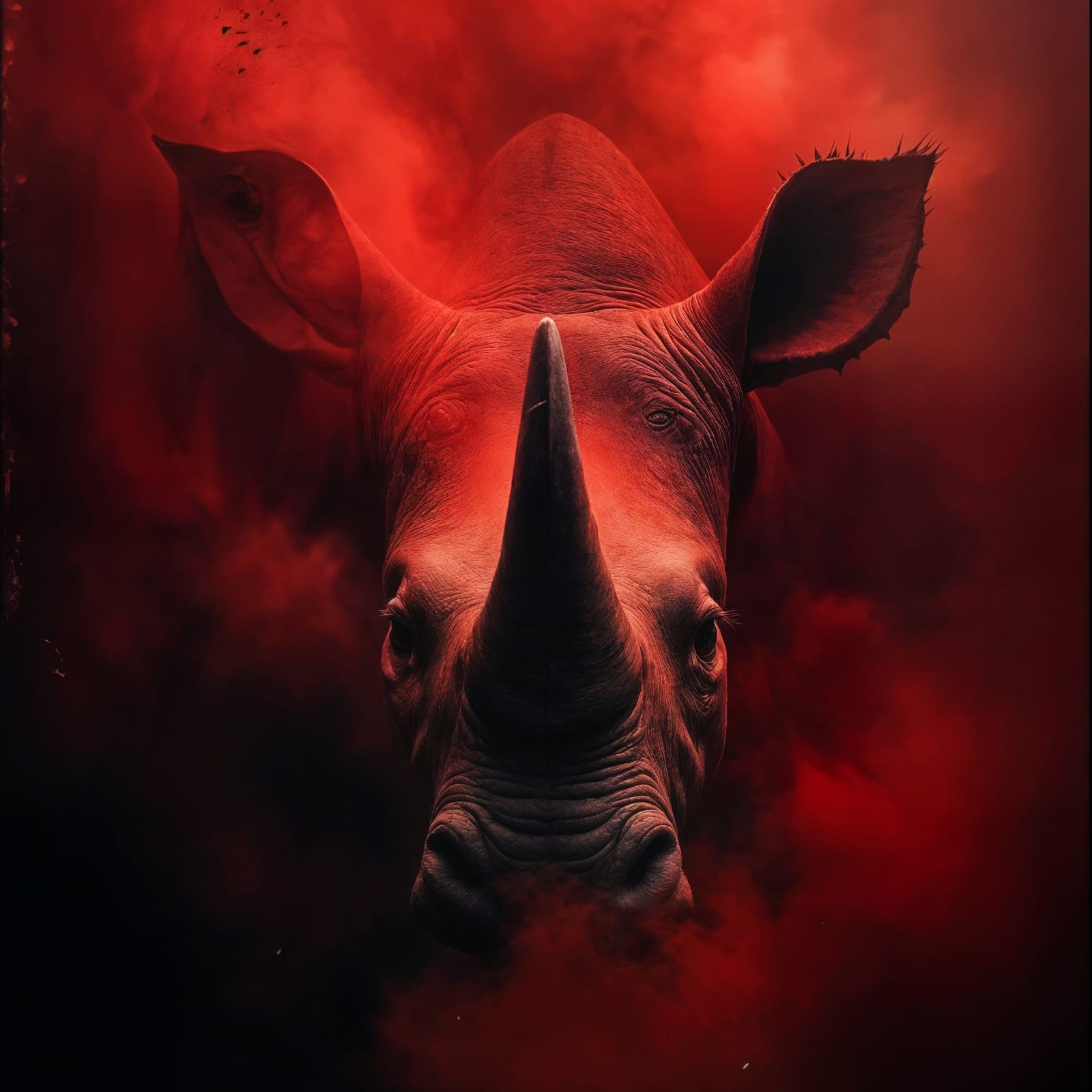 Photorealistic Rhinoceros Head in Red Fog at Night