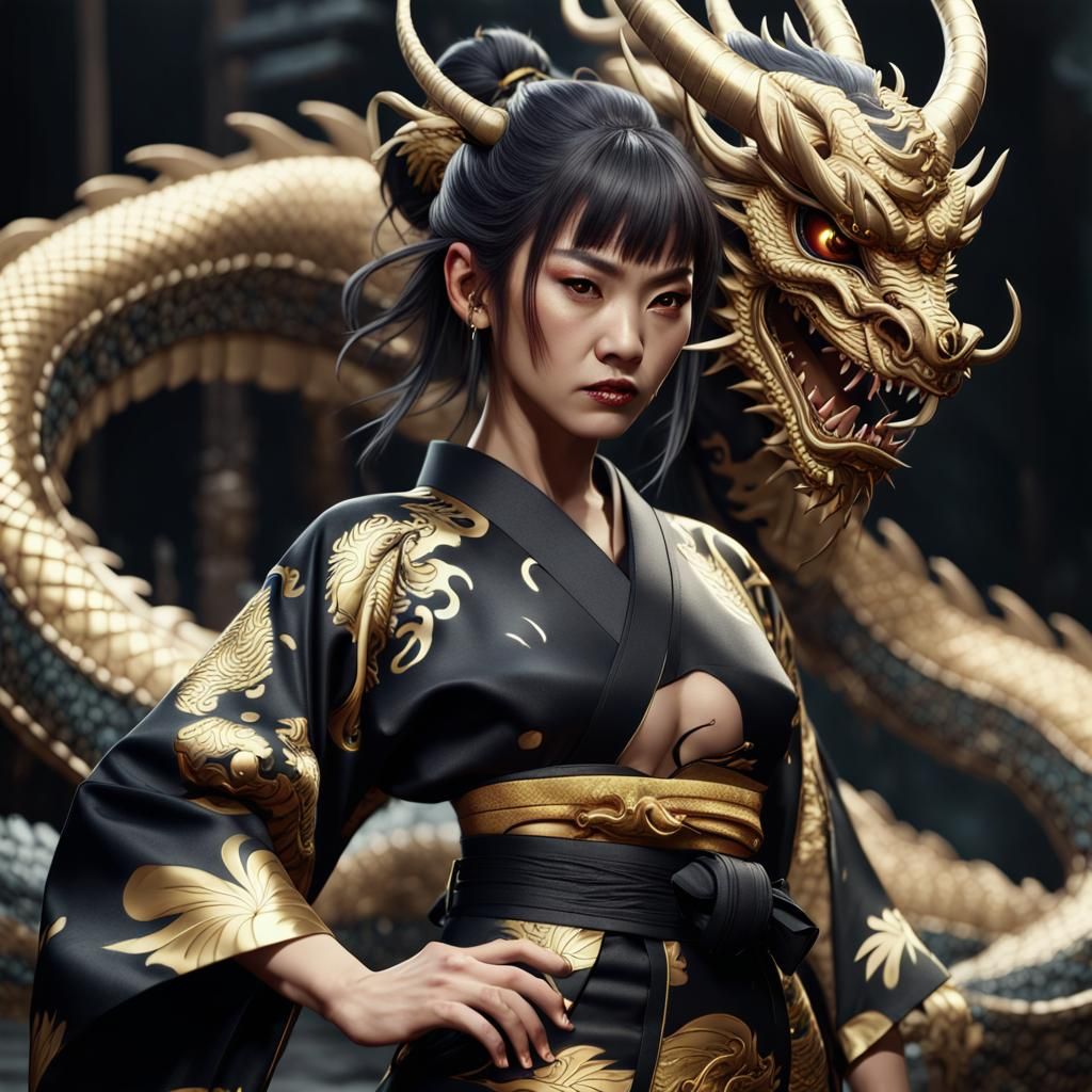 Japanese Oni in Black and Gold Kimono