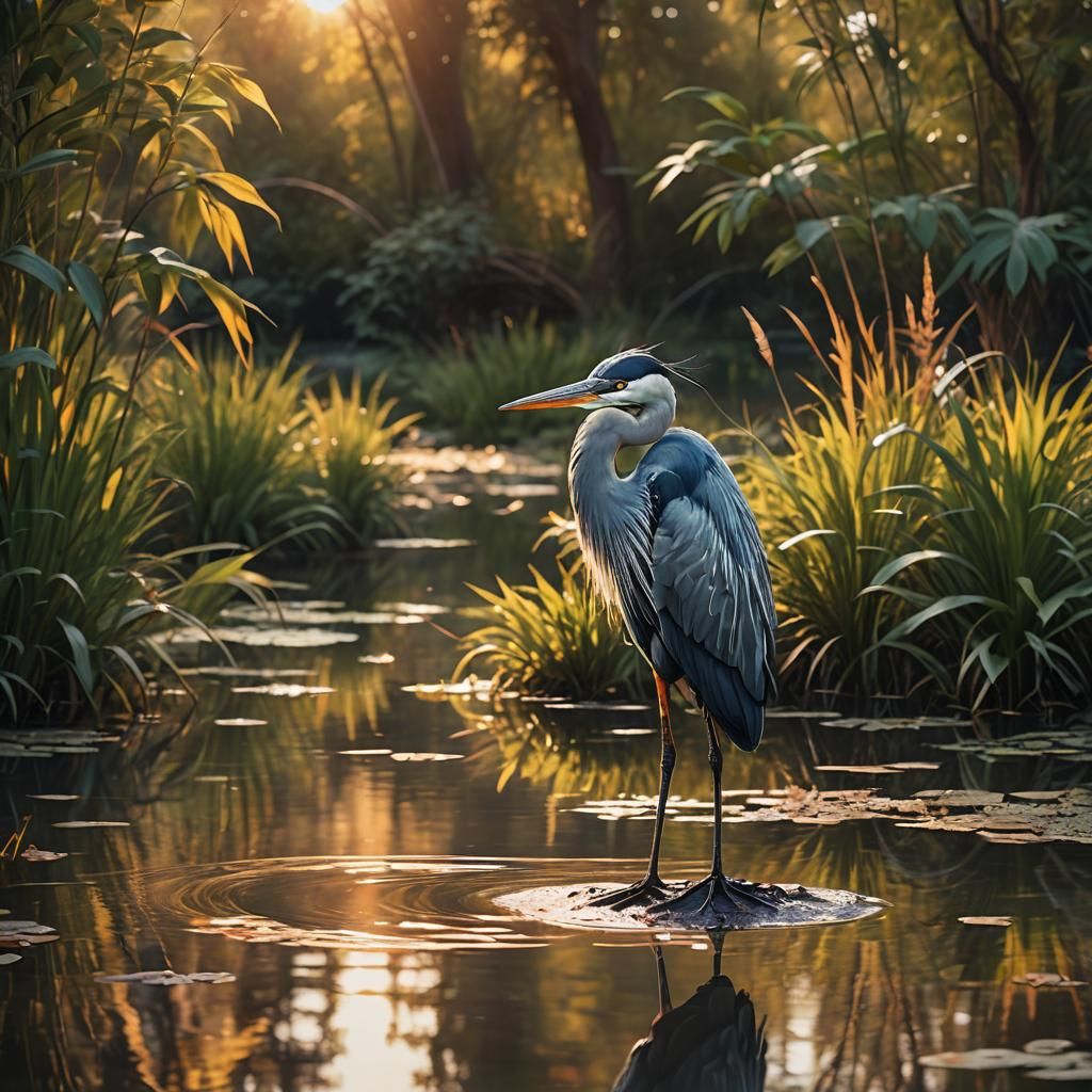 Heron in Pond at Sunset: Hyperrealistic Concept Art