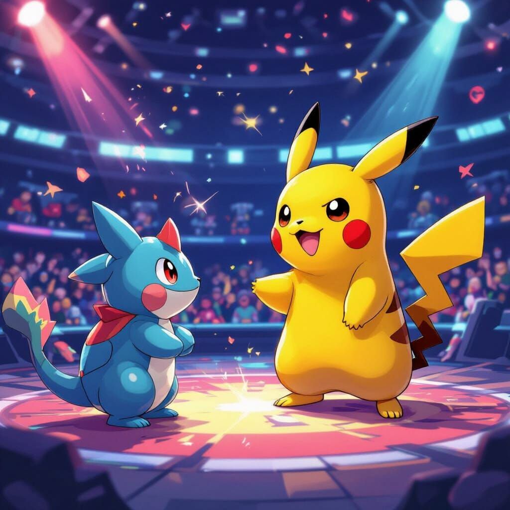 Pikachu Battles Labubu in Vibrant Arena, Bold Lines