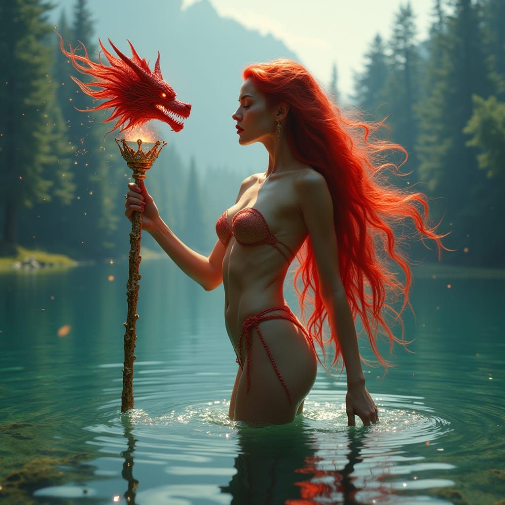 Mystical Sorceress and Dragon Head in a Magical Lake
