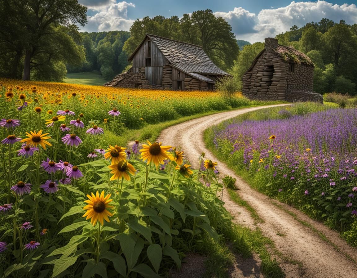 Picturesque Country Lane with Multicolored Wildflowers
