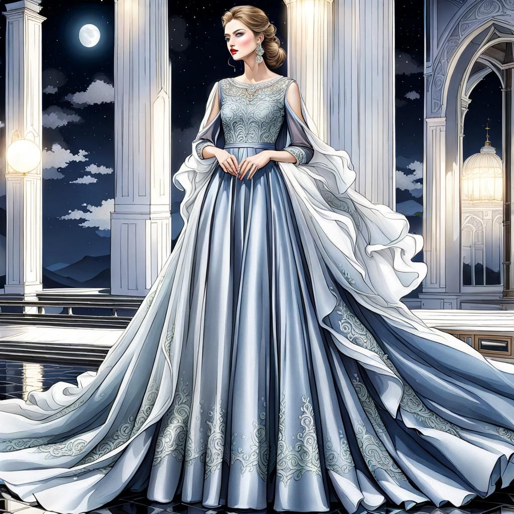 Elegant Moon Goddess in Flowing Gown