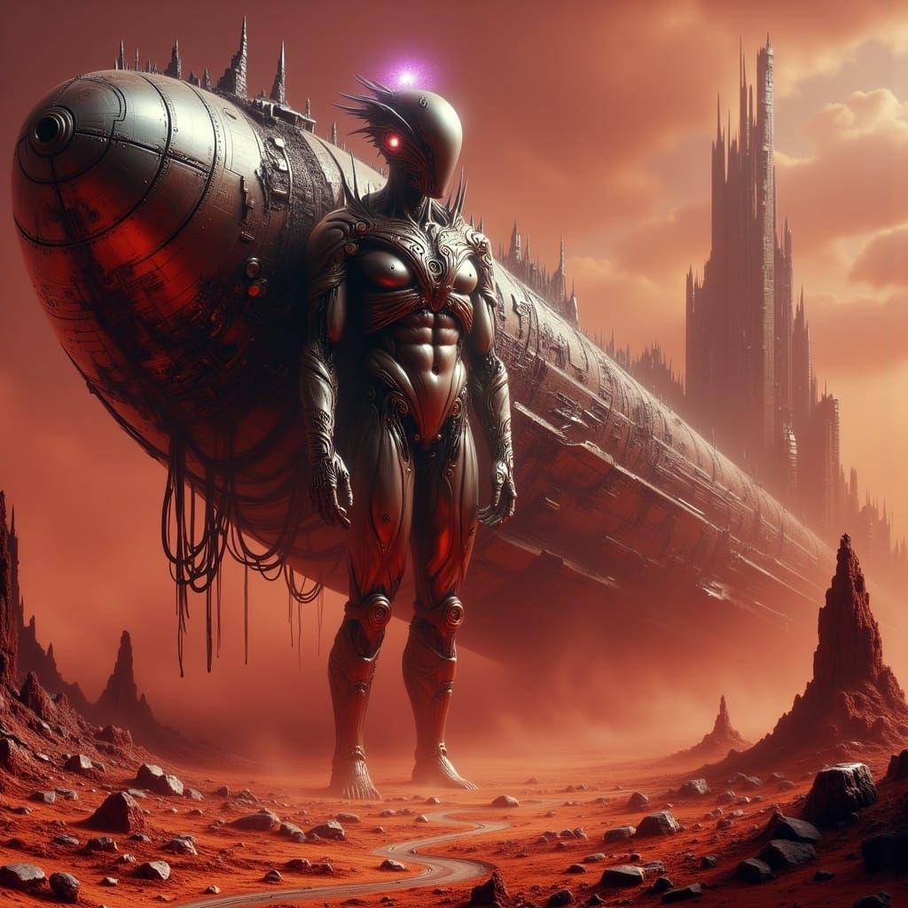 Regal Alien Emerges from Wreckage in Crimson-Hued Landscape