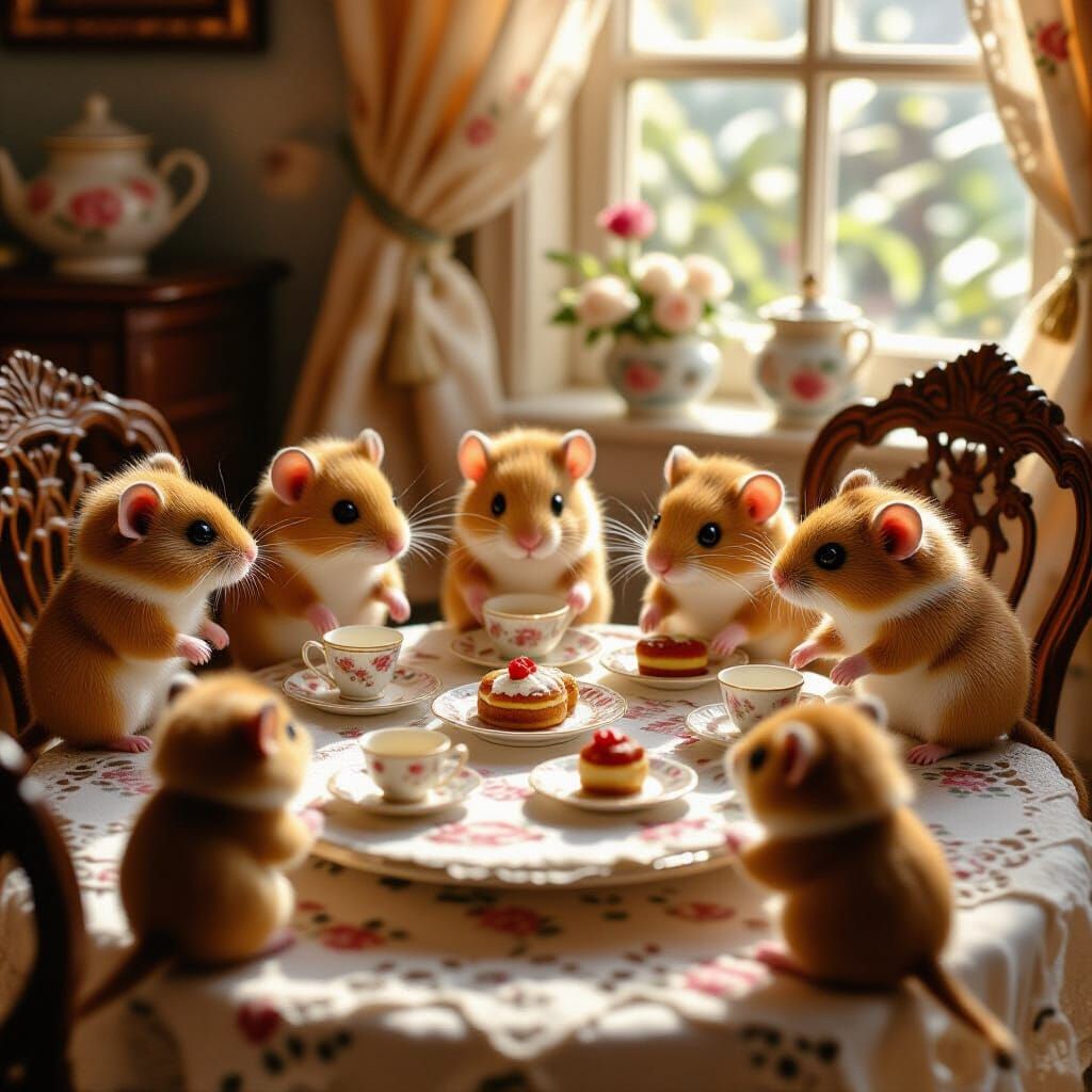 Hamsters Enjoying Tea Party in Sunlight