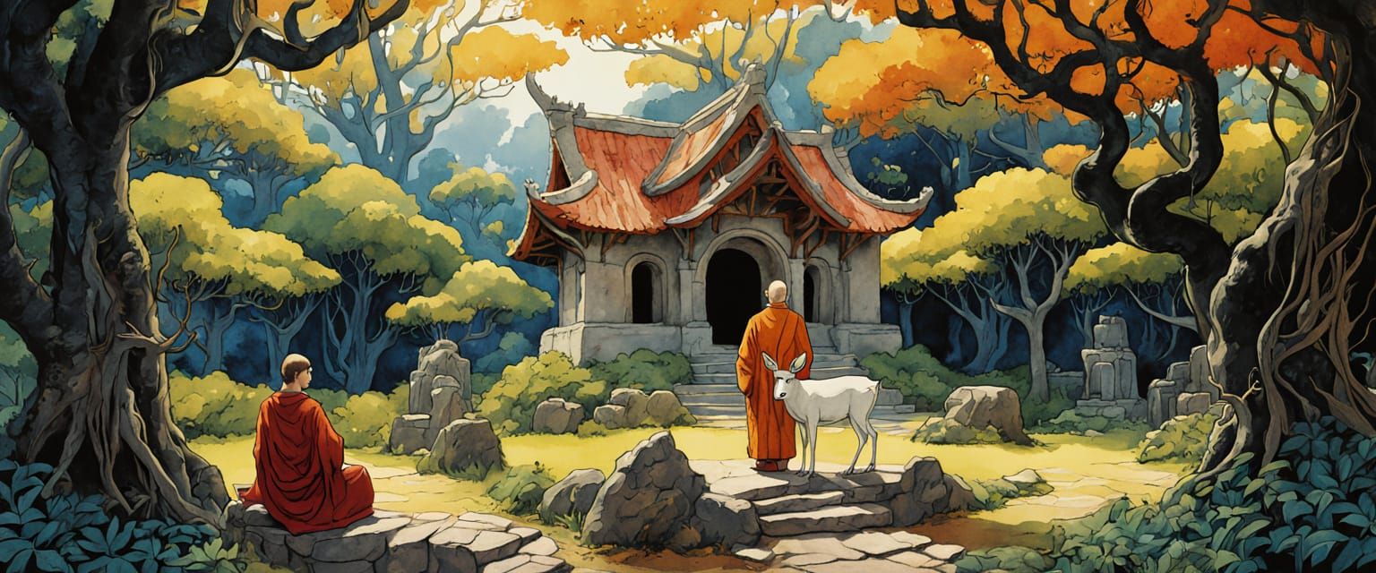 Watercolor Forest Temple with Deer and Monks