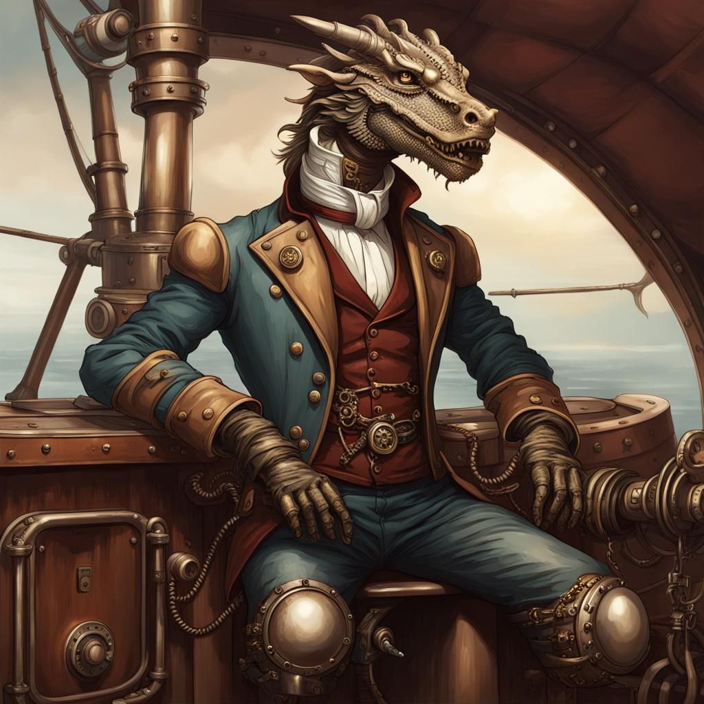 Steampunk Dragon Captain on Airship Deck