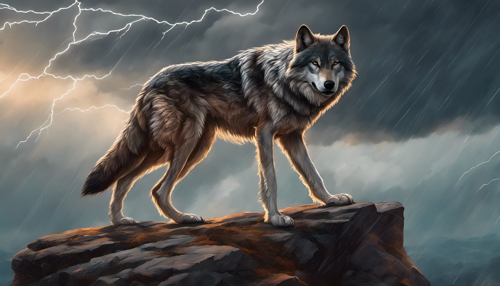 Wolf on Cliff with Thunderstorm: Hyperrealistic Splash Art