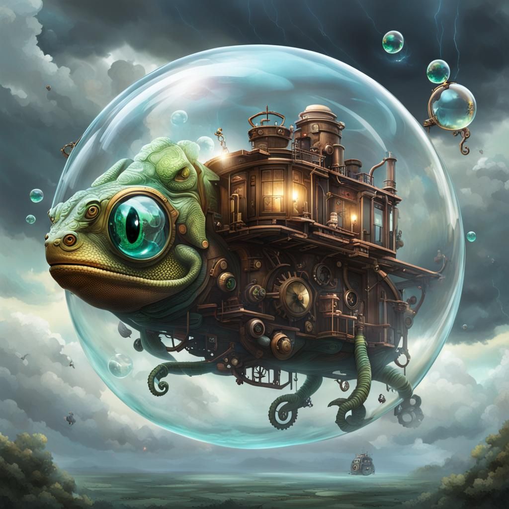 Steampunk Chameleon in Floating Bubble